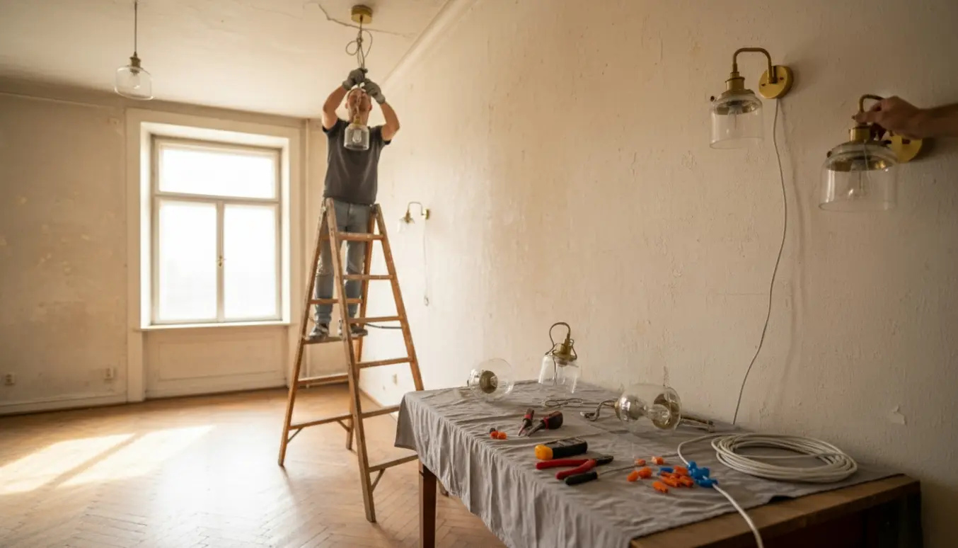 Hænder monterer lofts- og væglamper i en ældre lejlighed med synlige ledninger og værktøj.