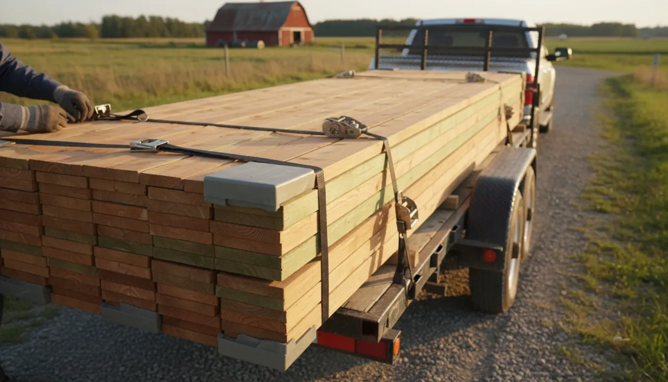 Et bundt lange terrassebrædder sikret på en trailer med spændebånd, klar til transport.