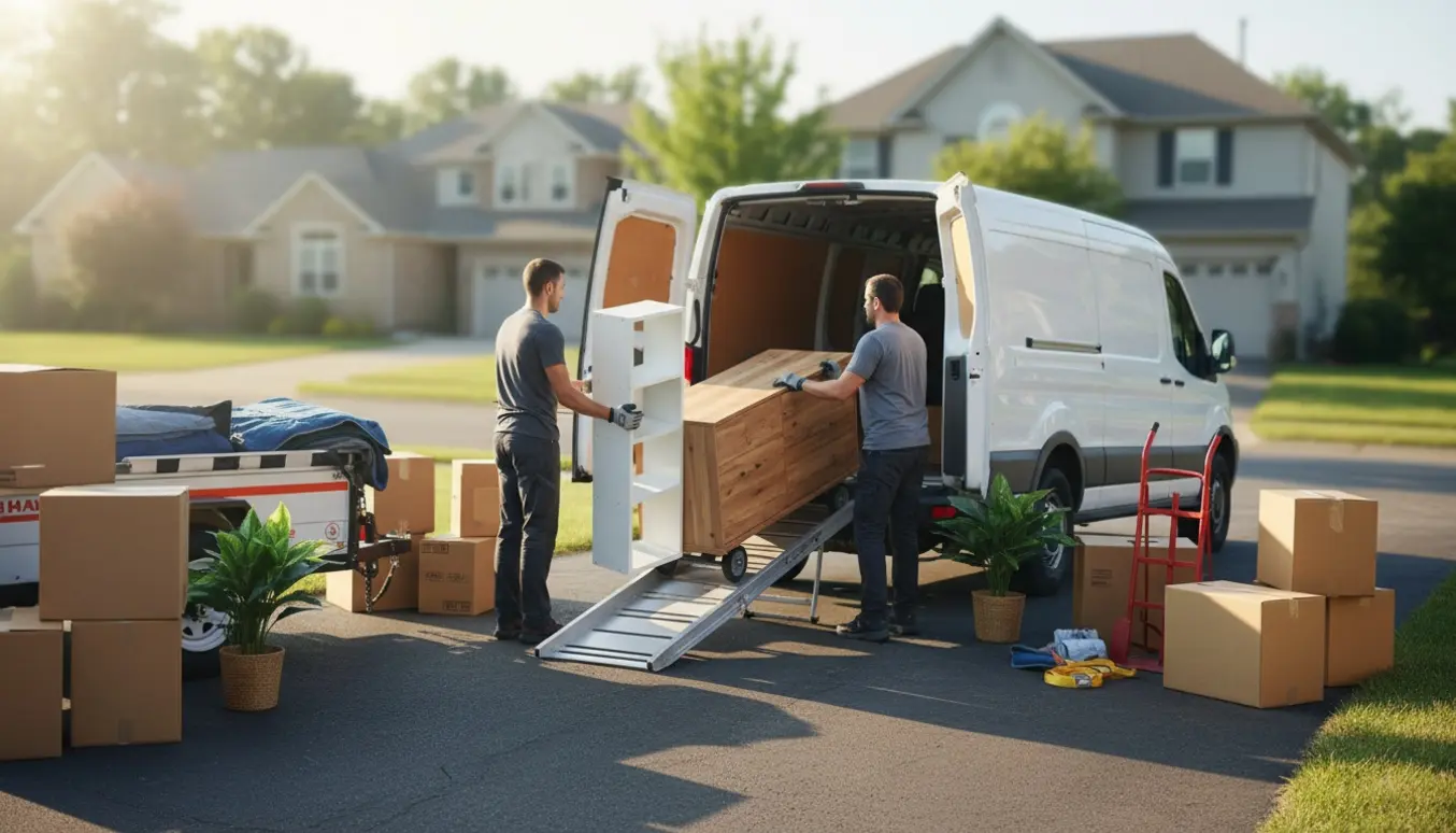 Varevogn og trailer klar til lille flytning med flyttekasser, en smal reol og et lavt skab, set bagfra.