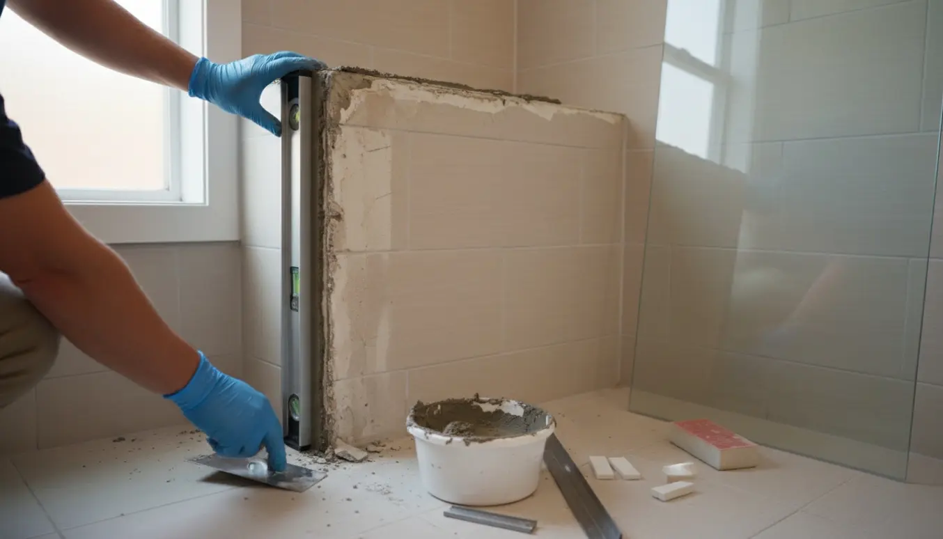 Håndværker i handsker retter flisekant i brusekabine med vaterpas og puds, klar til montering af glasvæg.