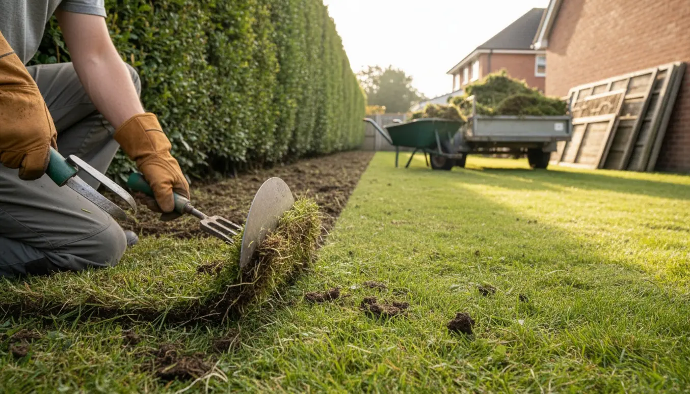 Nærbillede af handsker, der bruger en kantstik og rive til at fjerne ukrudt og afrette græskanter langs en lang hæk med trailer og skubvogn til haveaffald i baggrunden.