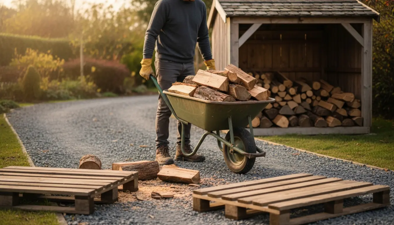 En person med handsker skubber en trillebør fyldt med brænde mod et åbent brændeskur, mens to nedbrudte paller og løse stykker brænde ryddes op.
