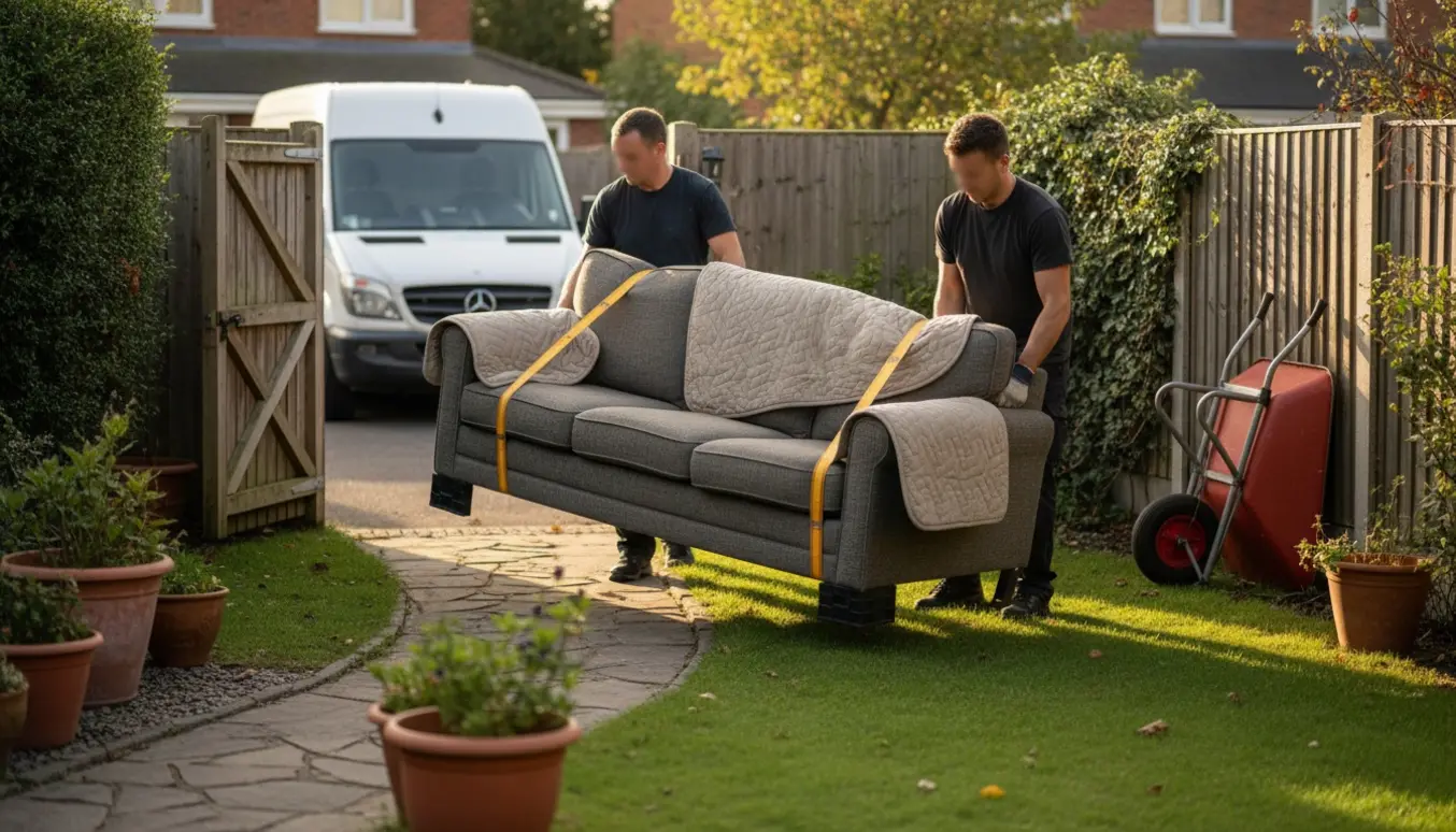 To personer bærer en tung trepersoners sofa gennem en have mod en åben port, med flyttetæpper og løftestropper.
