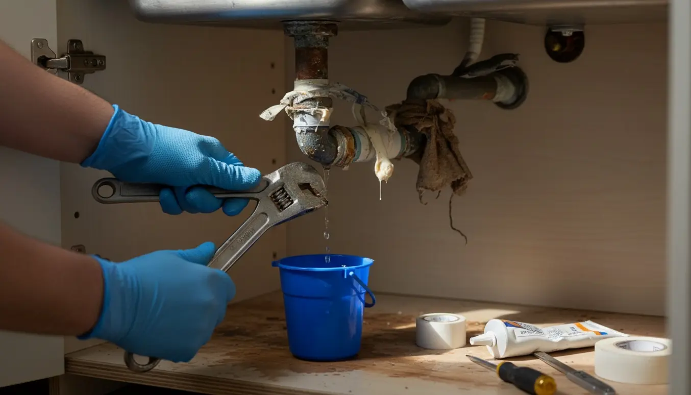 Utæt rør under køkkenvask med spand, værktøj og tidligere lapning synlig.