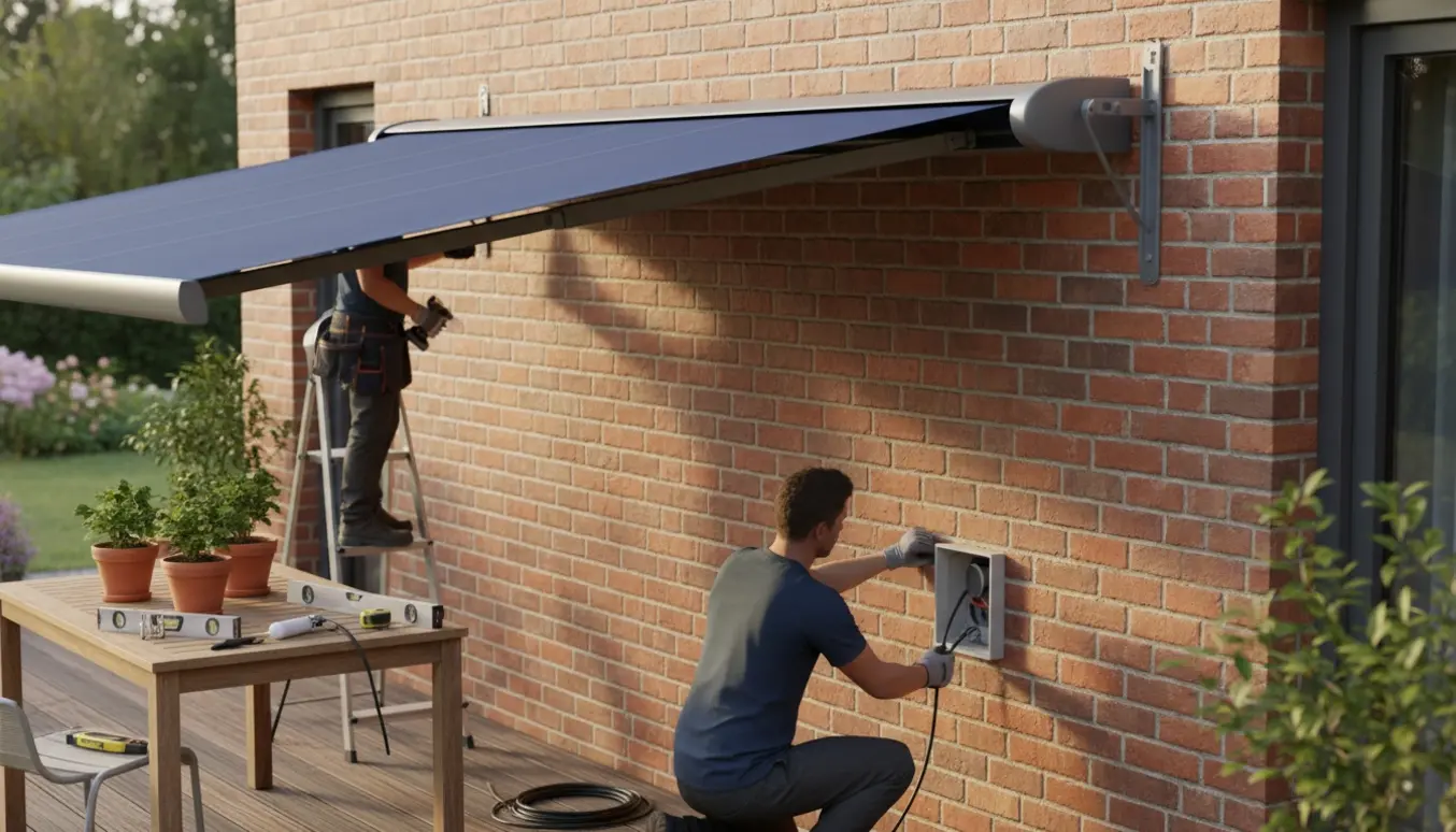 Installation af en 3,5 m elektrisk markise på en murstensvæg med håndværkere og værktøj.