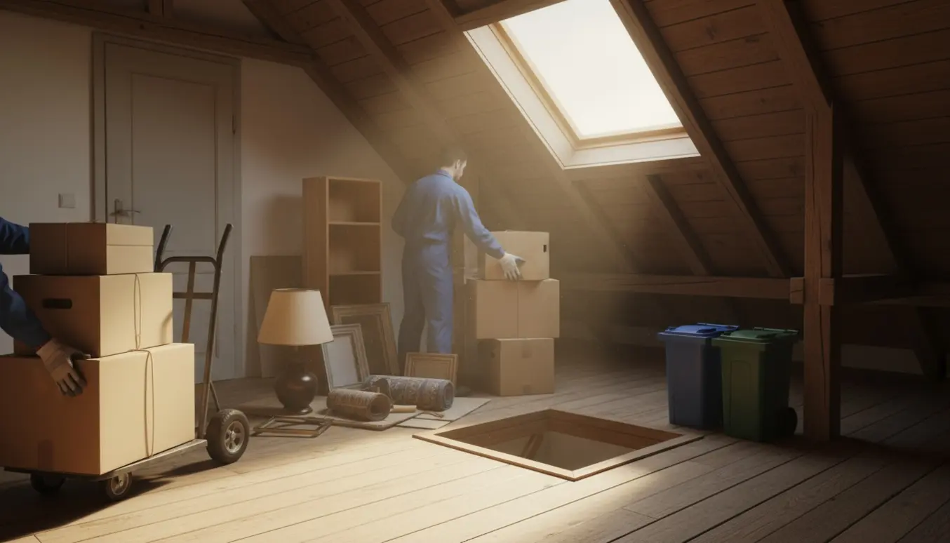 Soloplyst loftsrum under oprydning med flyttekasser, hylde og en dør klar til bortskaffelse.