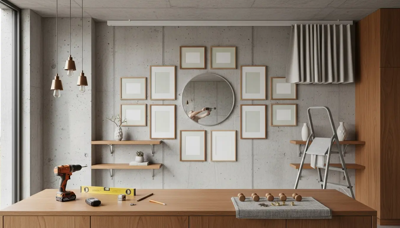 Hænder ved at montere billeder, spejl, hylder, gardiner og lamper på en betonvæg.