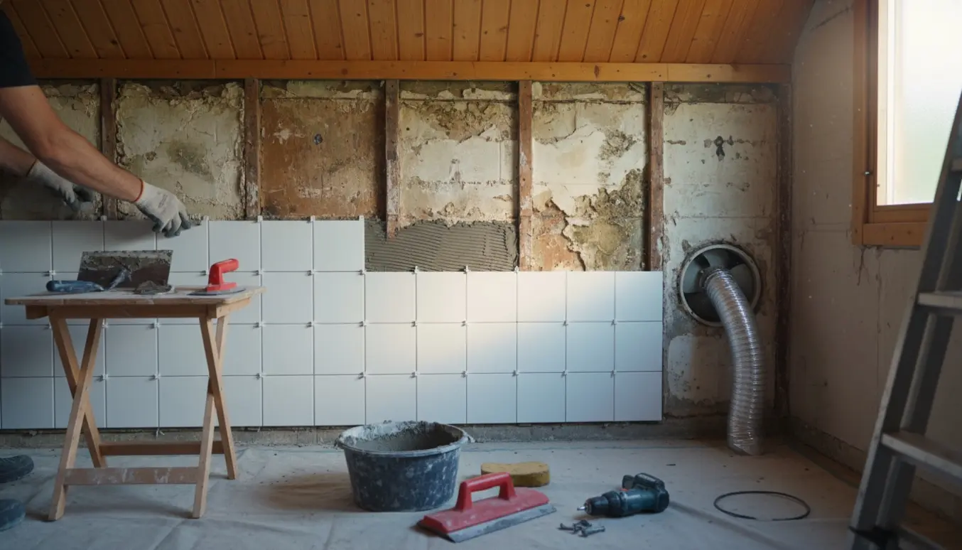 Renovering af sommerhusbadeværelse med nye 10x10 fliser og installation af udsugning, håndværkerens hænder i fokus.