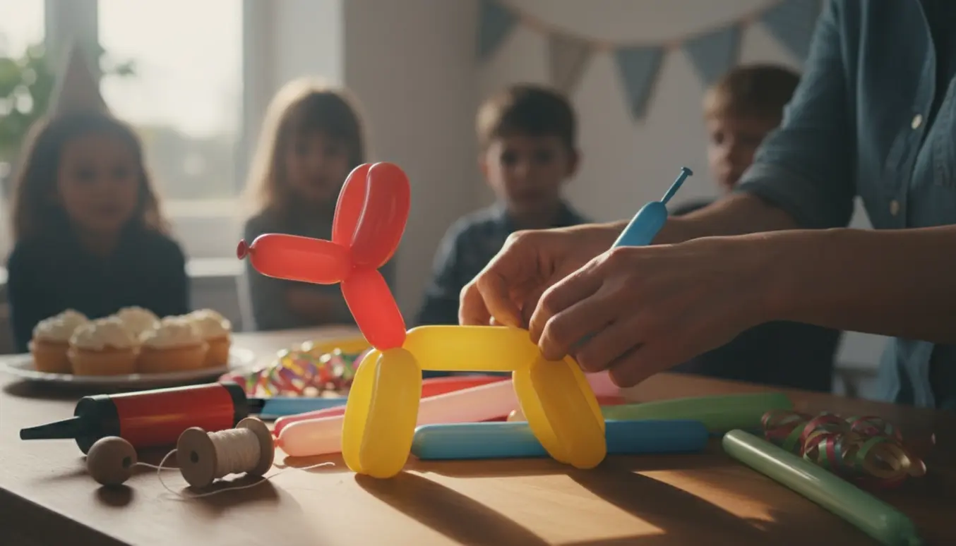 Ballonkunstner former farverige ballondyr ved en børnefødselsdag med børns silhuetter i baggrunden.