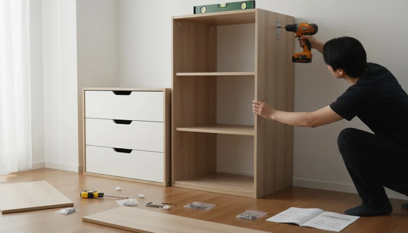 Hænder monterer et modulært skab med skuffemodul og hylder og fastgør det til væggen i en lys, moderne stue.