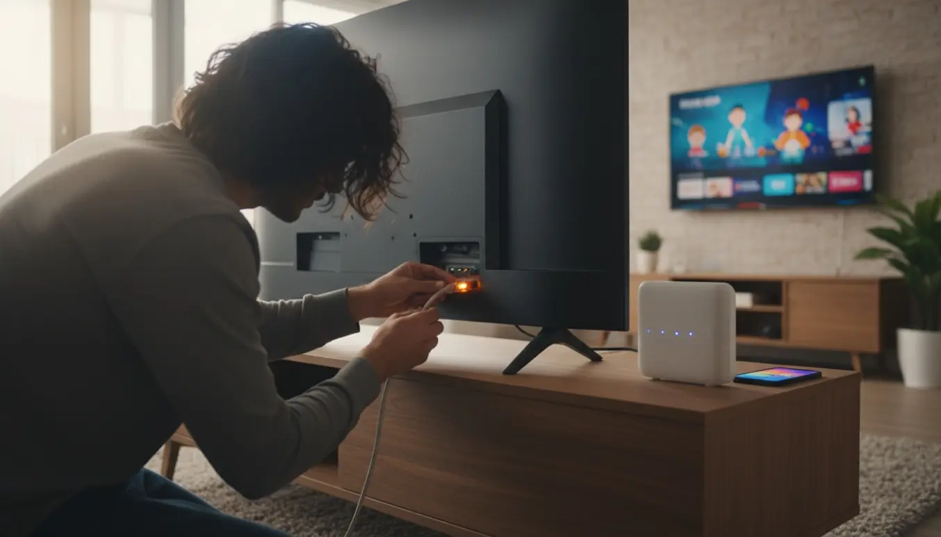 En hånd sætter et netværkskabel i et smart-tv med en router ved siden af og et andet tv, der streamer i baggrunden.