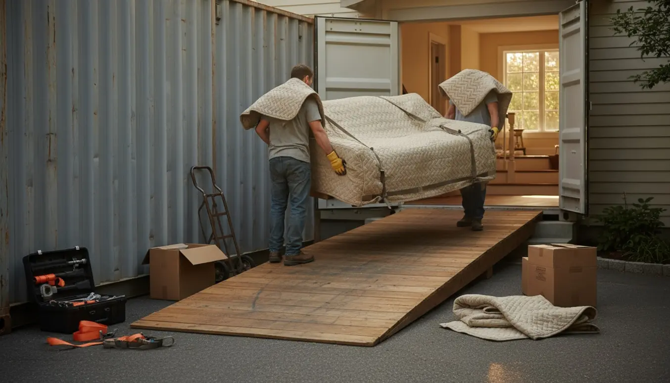 To flyttemænd bærer en indpakket sofa fra en container ind i et hus via en rampe.