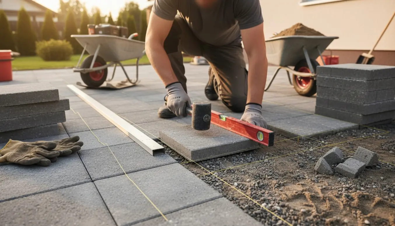 Nærbillede af lægning af fliseterrasse i en baghave med værktøj og stablede fliser.