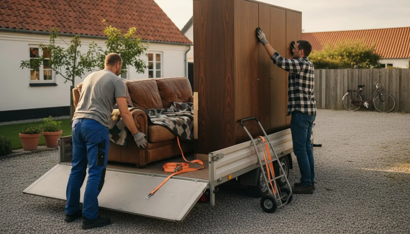 To personer læsser en sofa og et skab på en åben trailer på en indkørsel i en lille landsby på Fyn.