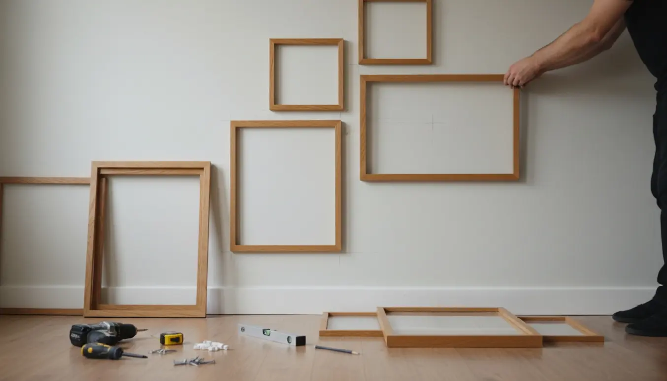 Hænder monterer massive egetræsrammer på en væg med borhammer, skruemaskine, rawlplugs og søm.