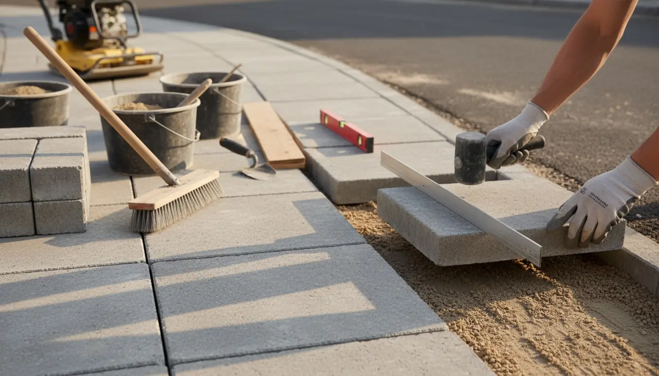 Færdiggørelse af fliser ved vejkant med handsker, værktøj og stabilgrusbase.