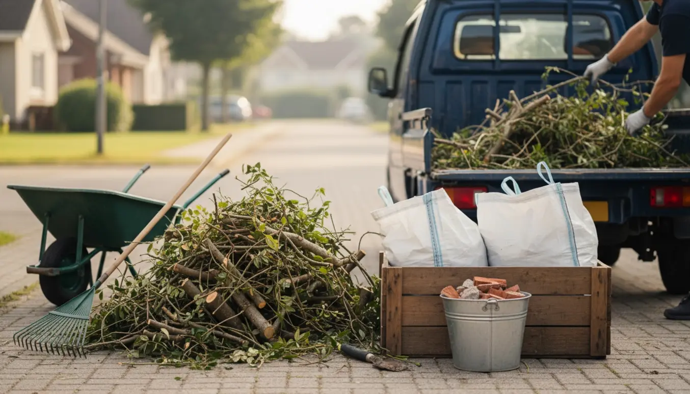 Bunke af grene ved fortovet ved siden af en trækasse med tomme plastikbigbags og en spand med murbrokker.