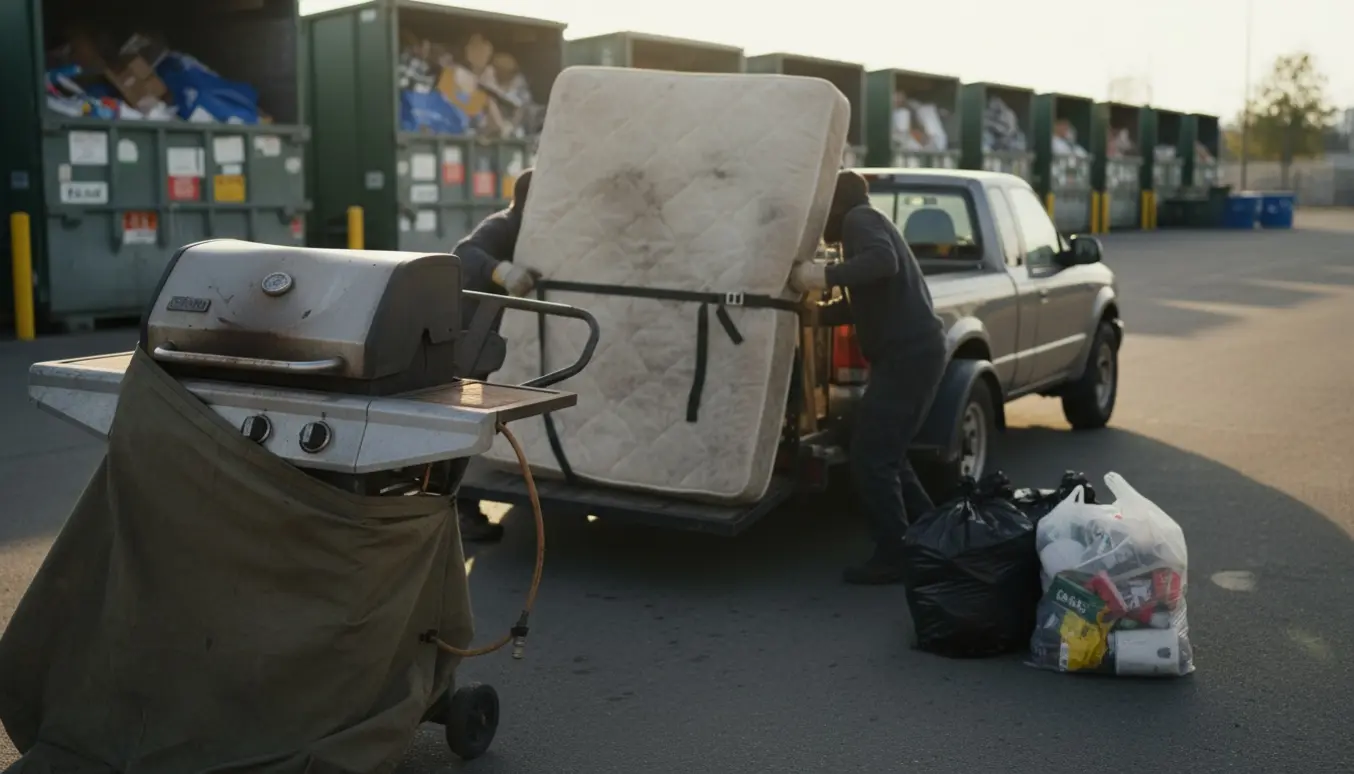 Gammel gasgrill, halvanden mands seng og sække med affald læsses på trailer ved genbrugspladsen.
