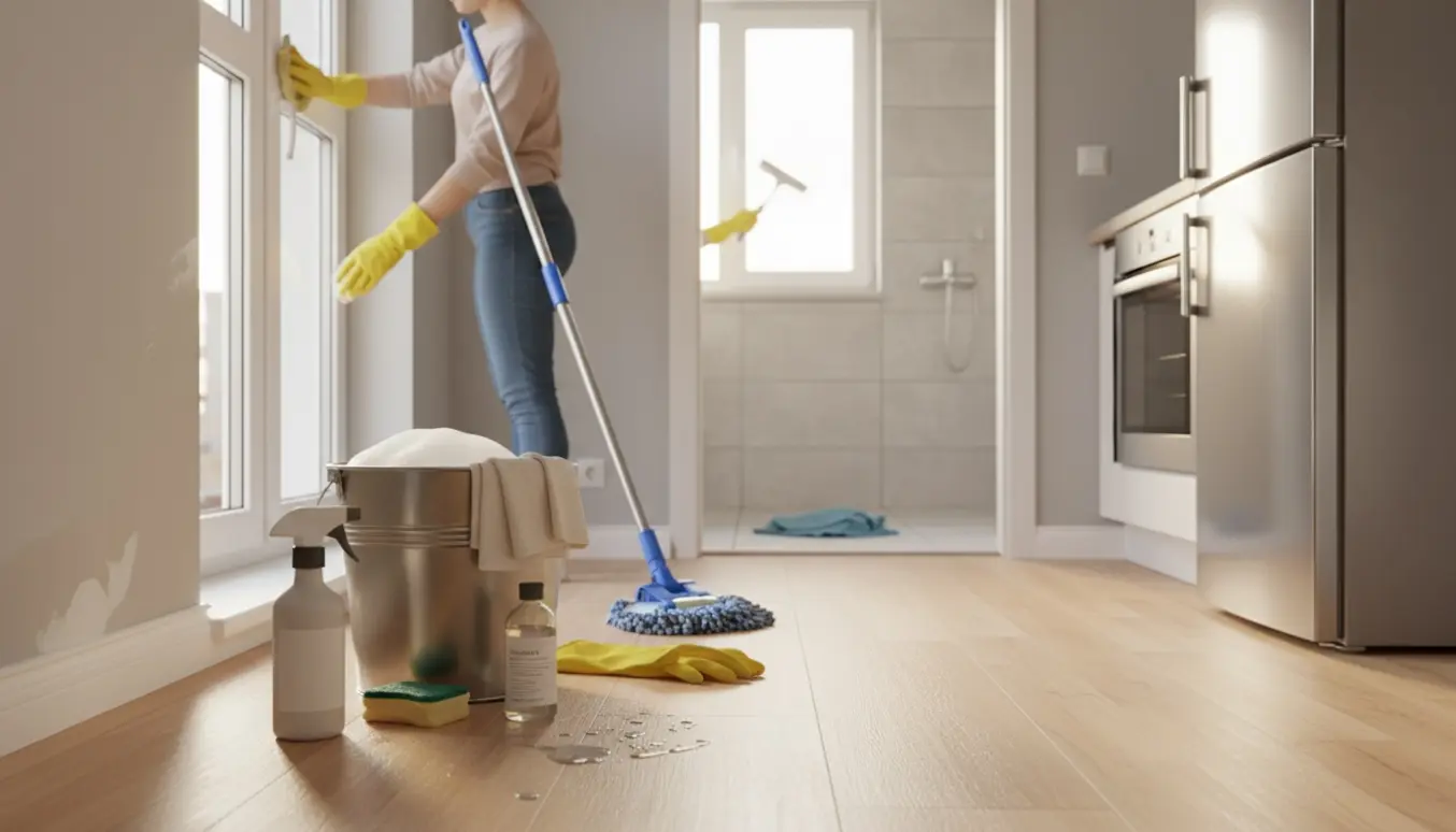 Soloplyst 60 m² lejlighed under indflytningsrengøring med rengøringsudstyr og hands, ingen ansigter.