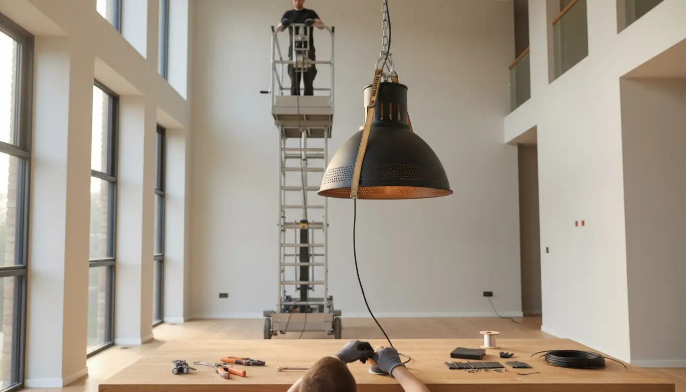 En håndværker hænger en tung lampe op i et rum med høj loftshøjde og forlængelse af ledningen ved en udtræksboks.