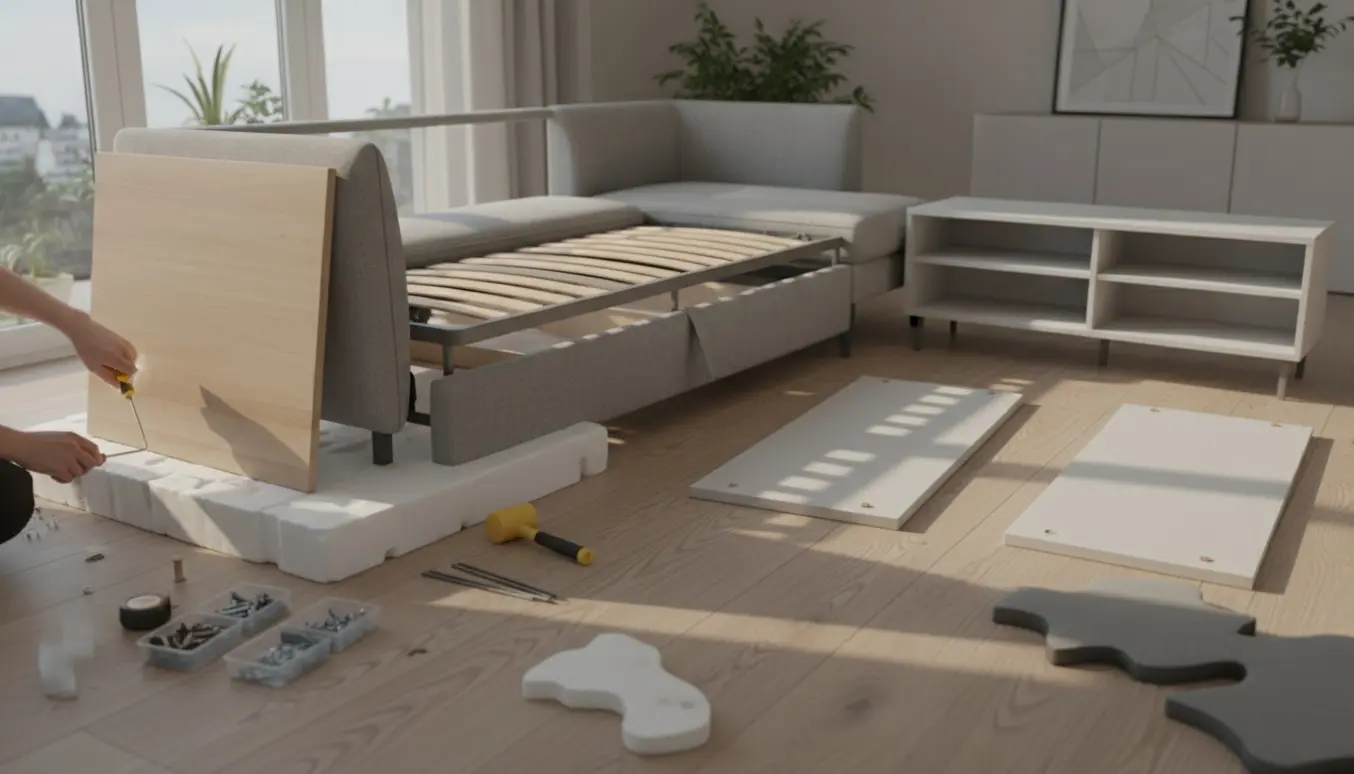 Nærbillede af en sovesofa, sofabord og tv-bord under samling i en lys, moderne stue med værktøj spredt på gulvet.
