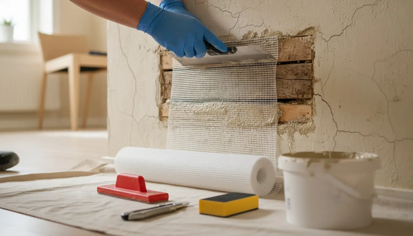 Reparation af revnet pudset væg med glasfilt og spartel, hænder i handsker synlige.
