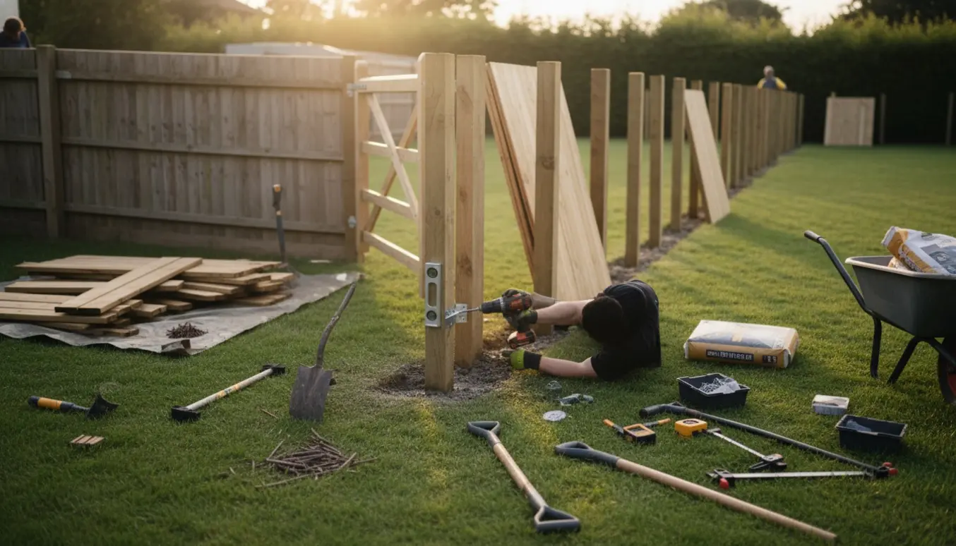 Installation af nyt træhegn i have med værktøj og en låge under montering.