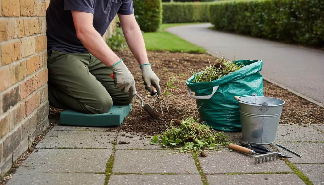 Handsker og redskaber ved lugning af ukrudt mellem fliser og i bed langs et hus med en ryddet hæk i baggrunden.