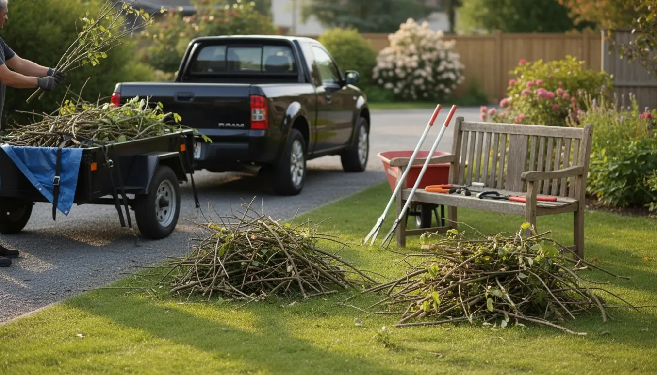 To bunker af nyafklippede grene ved en lille trailer klar til afhentning.