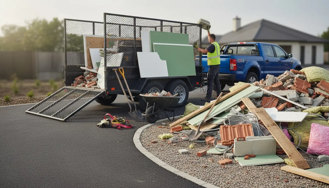 Trailer lastet med byggeaffald ved indkørsel, håndværkere læsser materialer.