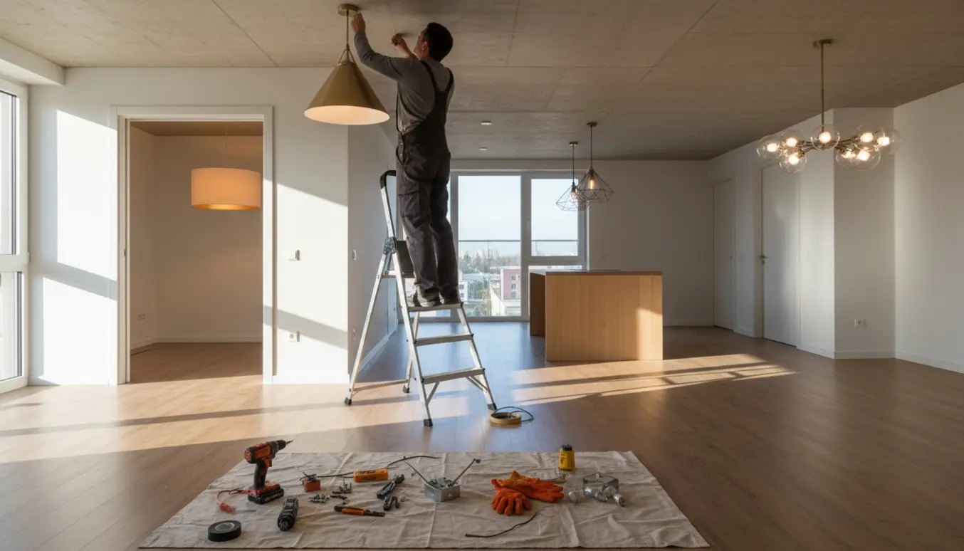 En person på stige installerer en loftlampe i en lys lejlighed med værktøj og flere monterede lamper i køkken, stue og soveværelse.