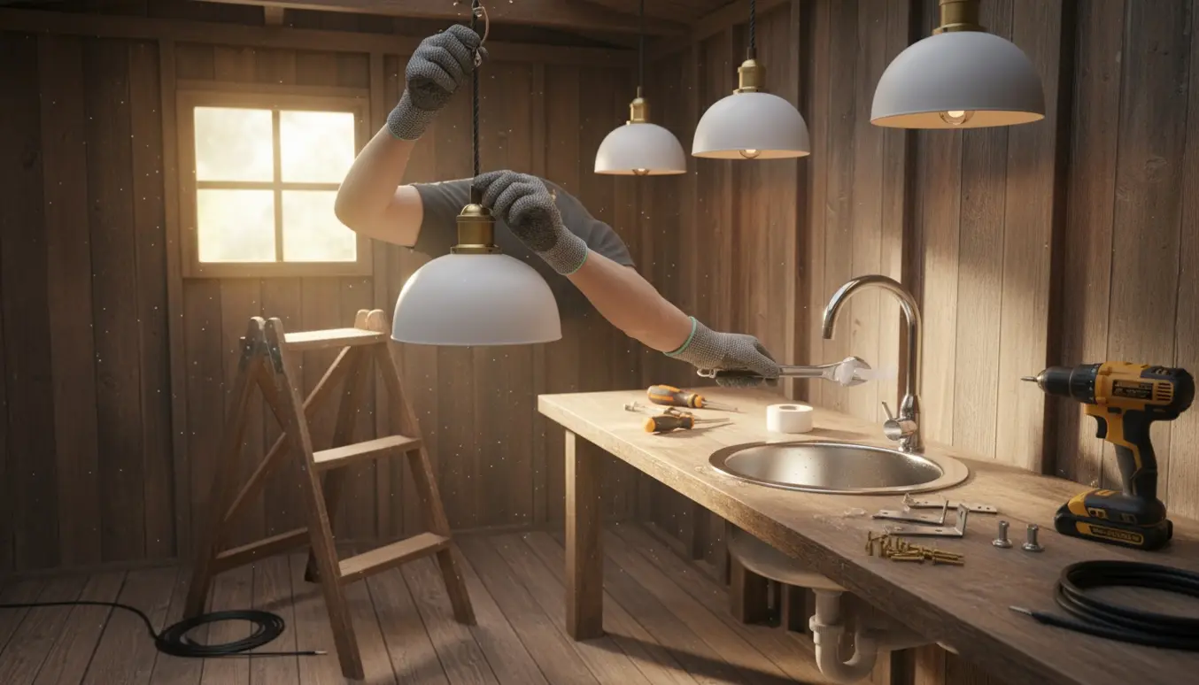 Hænder monterer tre loftslamper og strammer en dryppende vandhane i et lyst havehus.