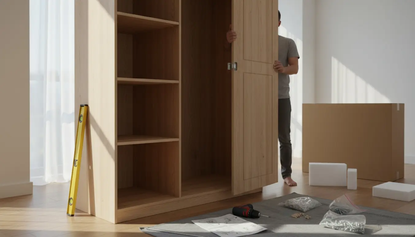 Delvist samlet garderobeskab i en lys stue, hvor en dør justeres med værktøj og hardwareposer på gulvet.