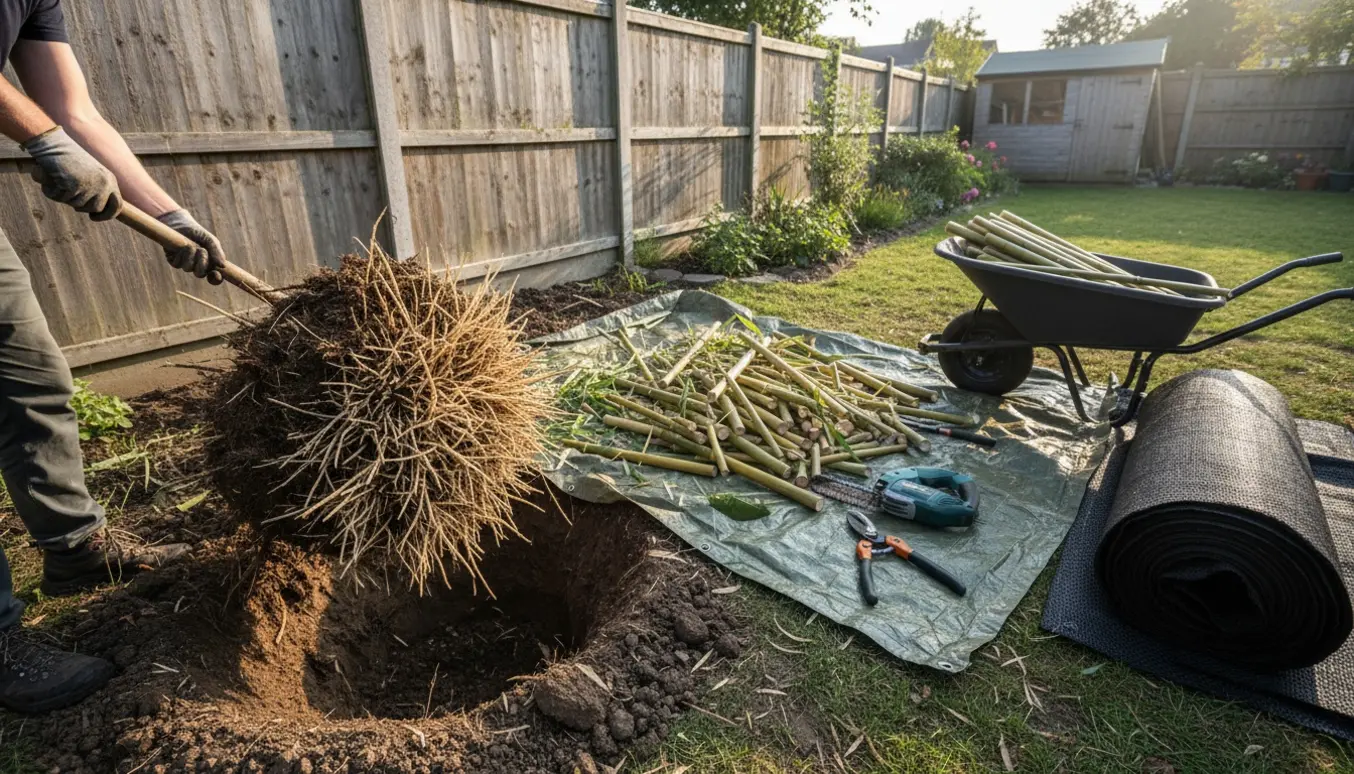 Havearbejde hvor bambus graves op bag i haven med spade, trillebør og en bunke afskårne bambusstængler.