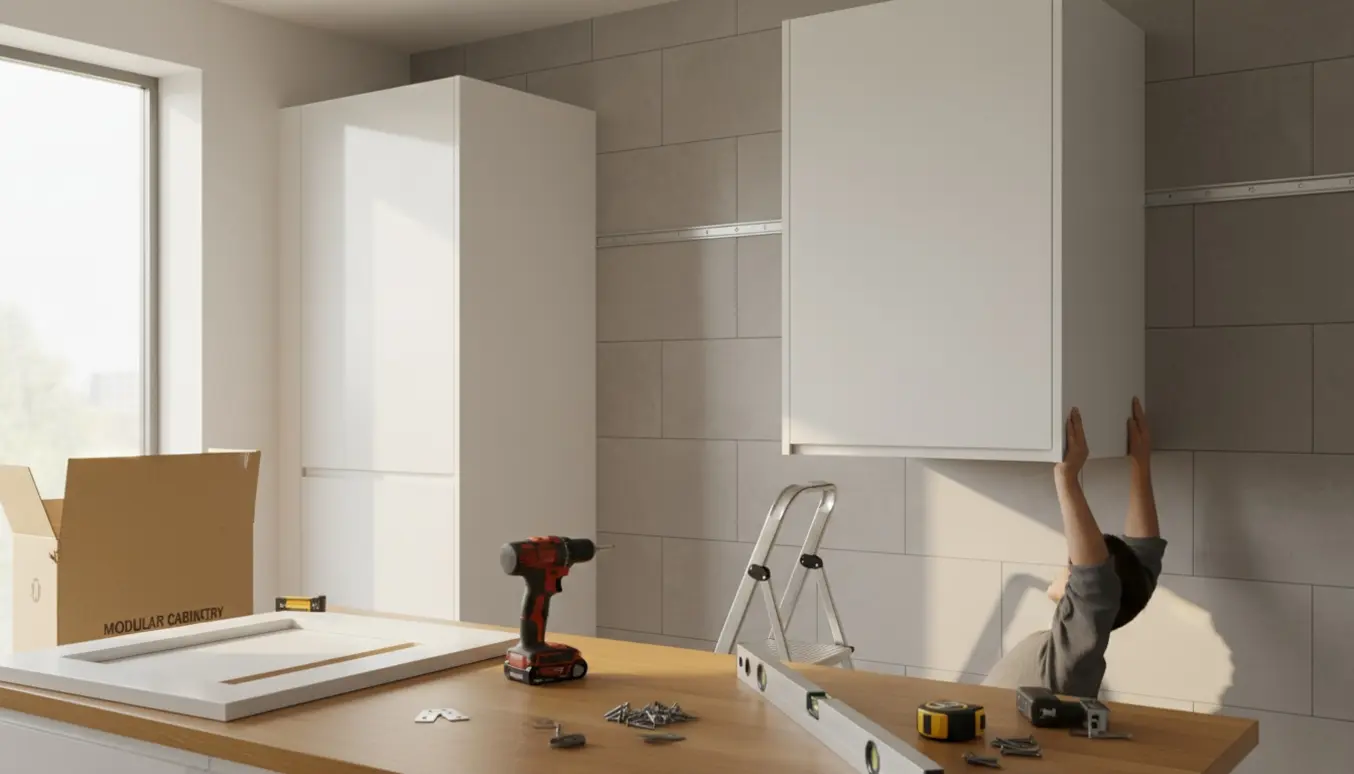 Hvide højskabe monteres i et lyst køkken med værktøj på bordet og hænder i arbejde.