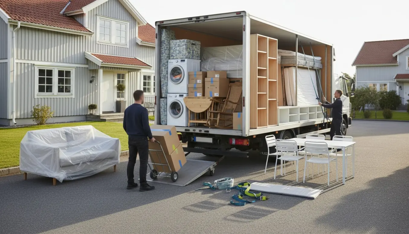 Åben flyttebil i indkørsel fyldt med møbler og kasser, to personer læsser møbler uden at ansigter er synlige.