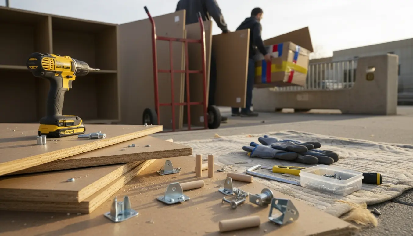 Adskilte IKEA-skabes plader og værktøj stablet ved storskraldspladsen, klar til afhentning.