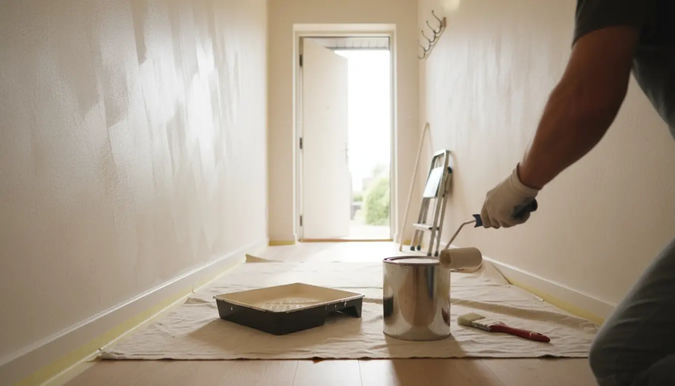 En lille smal entre, hvor en maler ruller varm off-white maling på væggen under blødt dagslys.