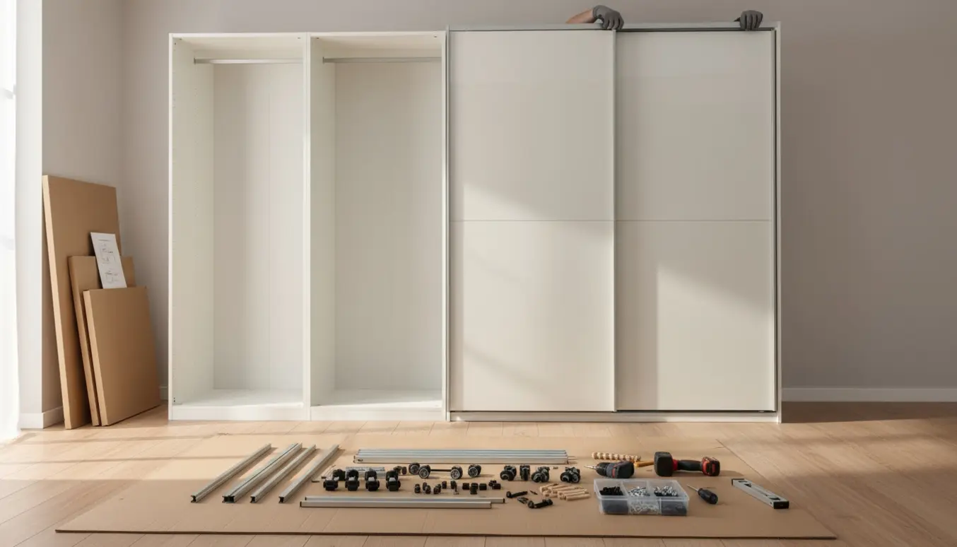 To hvide garderobeskabe med skydedøre under samling i et lyst værelse med værktøj og dele rundt om.