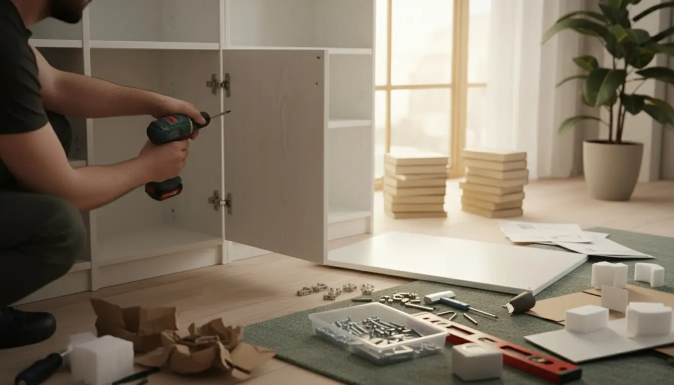 Halvfærdig hvid bogreol i en lys stue, hænder monterer en låge med værktøj spredt omkring.