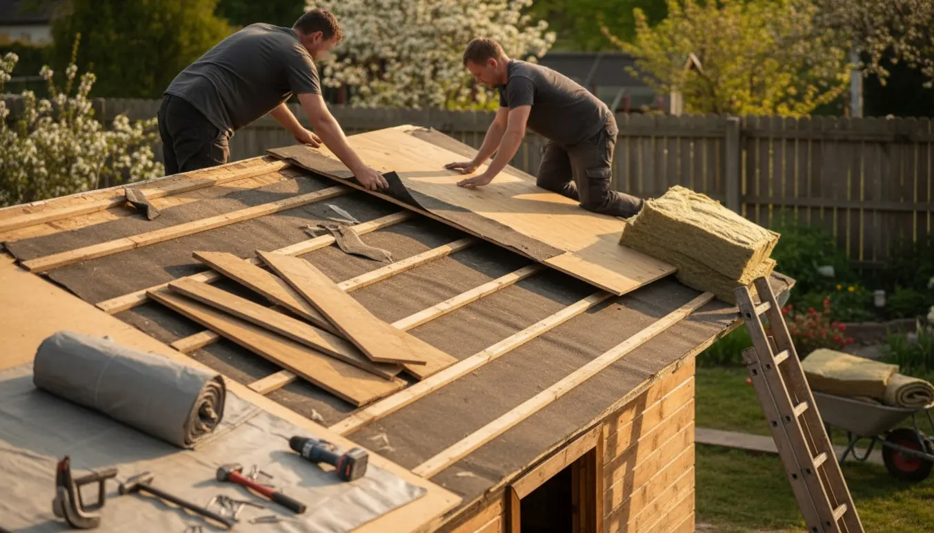 Renovering af tag på kolonihavehus med håndværkeres hænder, nye plader og isolering i naturligt lys.