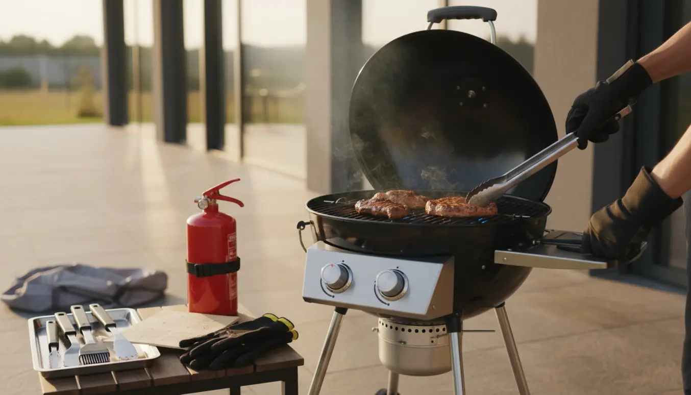 En gasgrill på en sikker stenpatio med en hånd, grillredskaber og en brandslukker i nærheden.