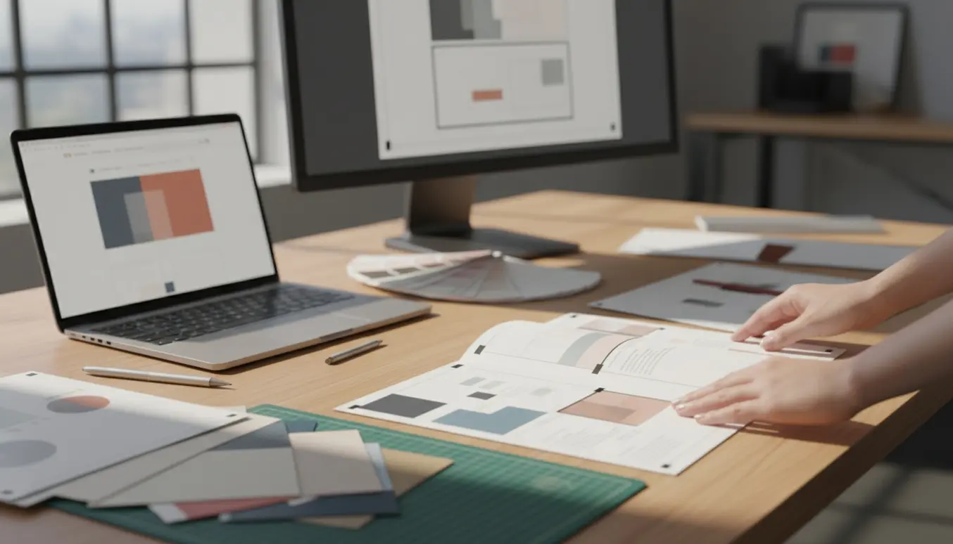 Et moderne designerbord med en åben 4-sidet A4-brochure, farveprøver og en bærbar computer klar til tryk.