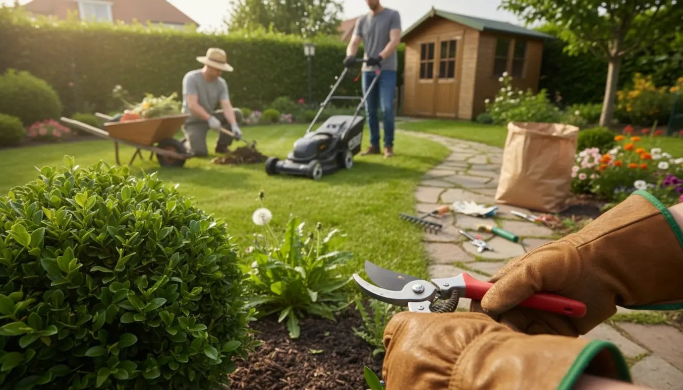 Havemand slår græs, luger ukrudt og let beskærer buske i en lille have.