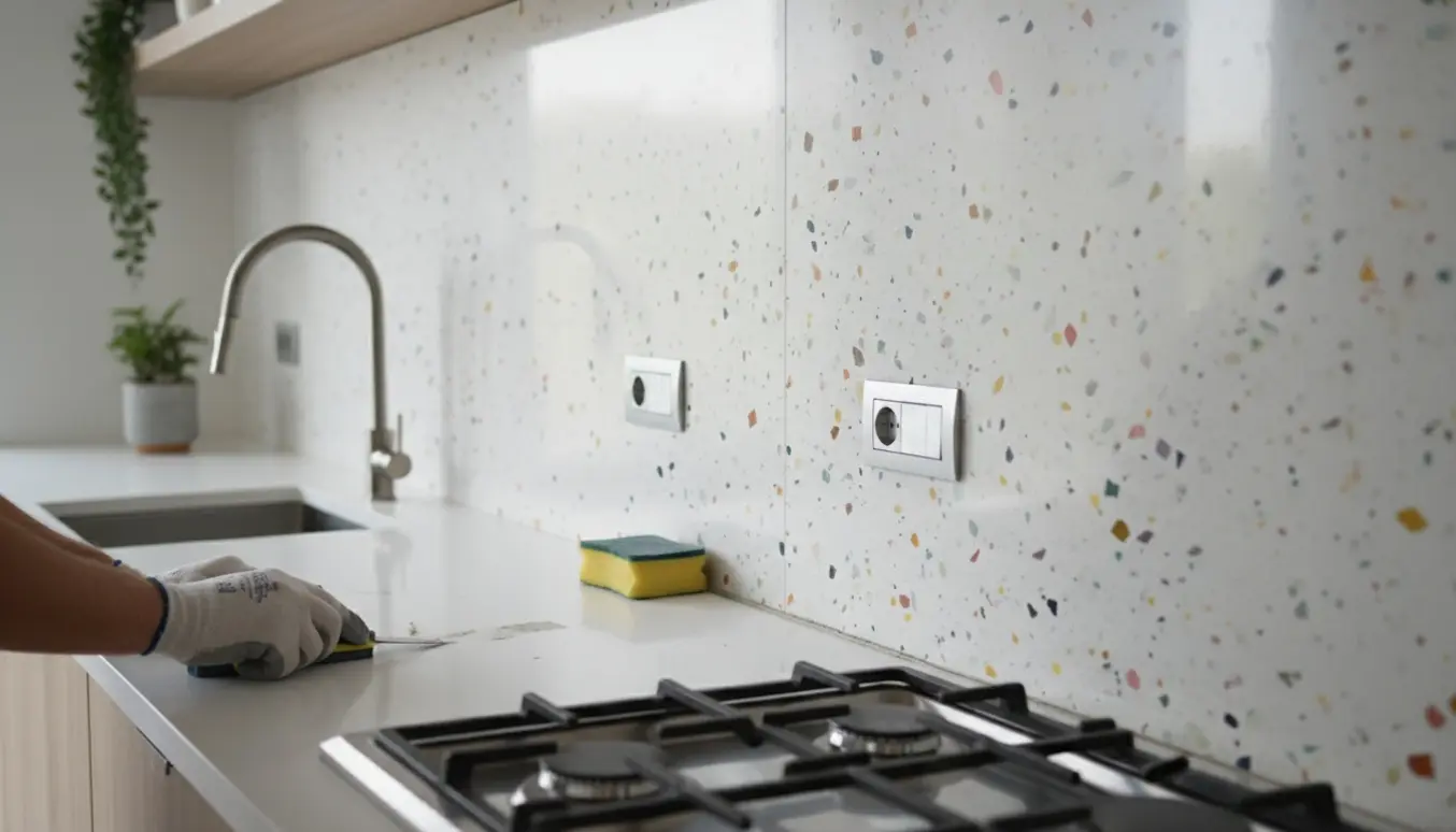 To store polerede terrazzo-fliser som bagplade bag komfur og vask med to stikkontakter.