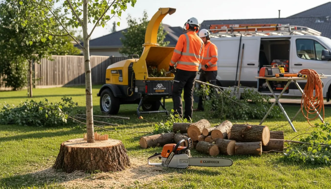 Tre små bævreaspetræer fældes i en forstadshave med en arborist i sikkerhedsudstyr og stakke af flis og kviste.
