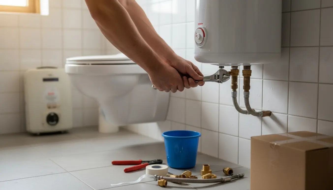 Håndværker strammer rørforbindelse på en lille ny væghængt varmvandsbeholder i baggangen ved siden af et væghængt toilet.