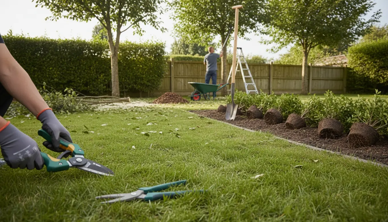 Profilbillede af havearbejde med beskæring af høje grene, nysået hæk og havetræer ved et raftehegn.