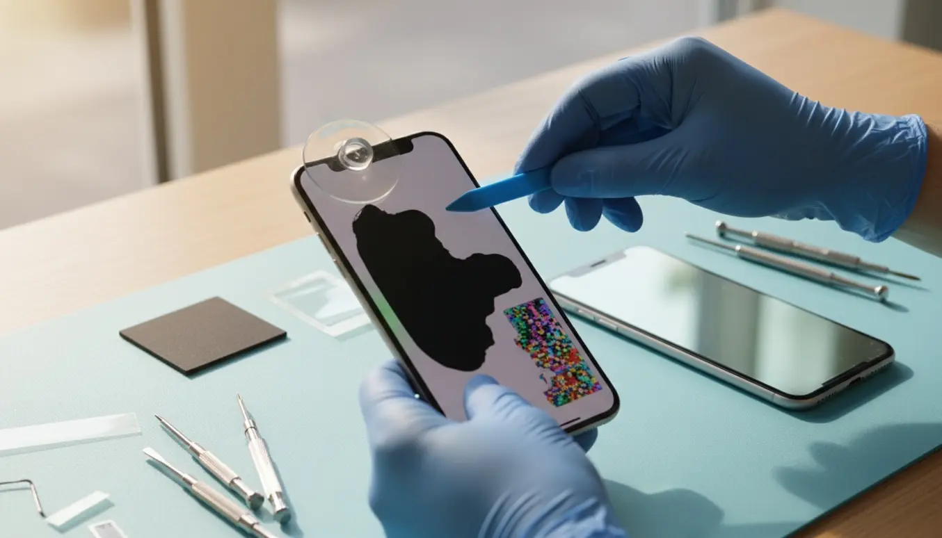 Nærbillede af hænder, der skifter en iPhone 11-skærm med en delvist sort skærm og reserveskærm samt værktøj på et rent arbejdsbord.