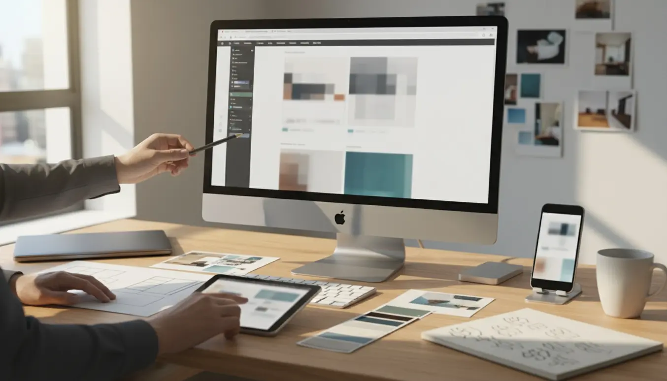 Et iMac-arbejdsbord med to par hænder, skitser og farveprøver, hvor der samarbejdes om en webshop-opsætning.